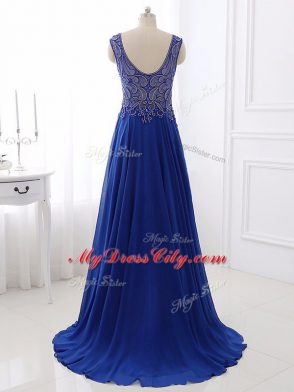 Suitable Chiffon Bateau Sleeveless Sweep Train Side Zipper Beading Prom Party Dress in Royal Blue