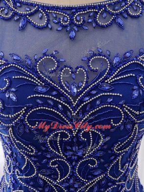 Suitable Chiffon Bateau Sleeveless Sweep Train Side Zipper Beading Prom Party Dress in Royal Blue