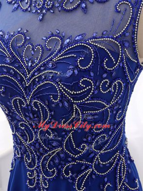 Suitable Chiffon Bateau Sleeveless Sweep Train Side Zipper Beading Prom Party Dress in Royal Blue