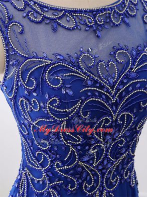 Suitable Chiffon Bateau Sleeveless Sweep Train Side Zipper Beading Prom Party Dress in Royal Blue