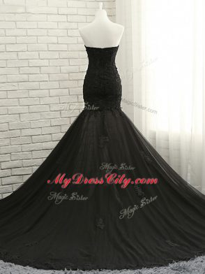 Low Price Black Lace Up Sweetheart Lace and Appliques Evening Party Dresses Tulle Sleeveless Court Train