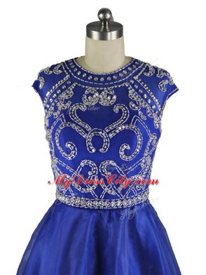 Mini Length Blue Prom Dresses Organza Cap Sleeves Beading