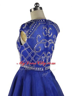 Mini Length Blue Prom Dresses Organza Cap Sleeves Beading