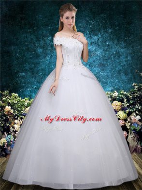 Clearance White Organza Lace Up Wedding Gowns Cap Sleeves Floor Length Beading and Appliques