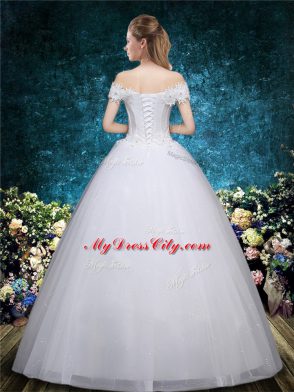 Clearance White Organza Lace Up Wedding Gowns Cap Sleeves Floor Length Beading and Appliques