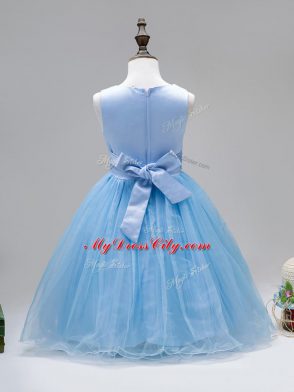 Baby Blue Sleeveless Floor Length Hand Made Flower Zipper Kids Formal Wear