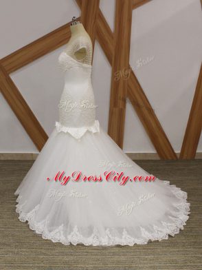 White Cap Sleeves Brush Train Beading and Appliques Wedding Dresses