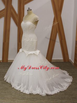 White Cap Sleeves Brush Train Beading and Appliques Wedding Dresses