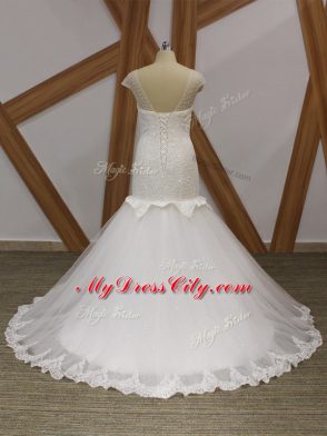 White Cap Sleeves Brush Train Beading and Appliques Wedding Dresses