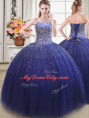 Captivating Tulle Strapless Sleeveless Lace Up Beading Sweet 16 Dress in Royal Blue