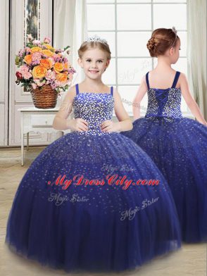 Captivating Tulle Strapless Sleeveless Lace Up Beading Sweet 16 Dress in Royal Blue