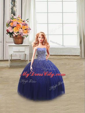 Captivating Tulle Strapless Sleeveless Lace Up Beading Sweet 16 Dress in Royal Blue