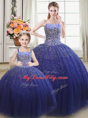 Captivating Tulle Strapless Sleeveless Lace Up Beading Sweet 16 Dress in Royal Blue