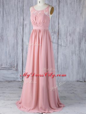 Modest Pink Empire Appliques Wedding Party Dress Criss Cross Chiffon Sleeveless Floor Length