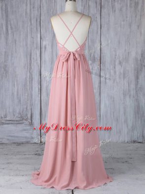 Modest Pink Empire Appliques Wedding Party Dress Criss Cross Chiffon Sleeveless Floor Length