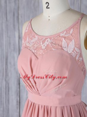 Modest Pink Empire Appliques Wedding Party Dress Criss Cross Chiffon Sleeveless Floor Length