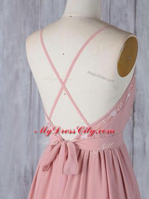 Modest Pink Empire Appliques Wedding Party Dress Criss Cross Chiffon Sleeveless Floor Length