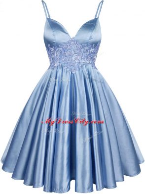 Sleeveless Elastic Woven Satin Knee Length Lace Up Quinceanera Dama Dress in Light Blue with Lace