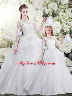 Chic Tulle Scoop Half Sleeves Sweep Train Lace Up Lace and Ruffles Quinceanera Gowns in White