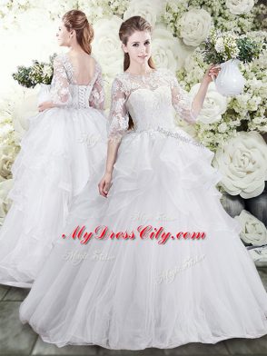 Chic Tulle Scoop Half Sleeves Sweep Train Lace Up Lace and Ruffles Quinceanera Gowns in White