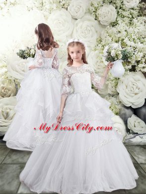 Chic Tulle Scoop Half Sleeves Sweep Train Lace Up Lace and Ruffles Quinceanera Gowns in White