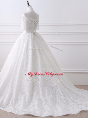 Custom Designed White Organza and Lace Lace Up Bridal Gown Half Sleeves Brush Train Lace and Appliques