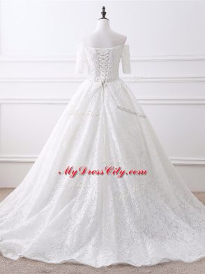 Custom Designed White Organza and Lace Lace Up Bridal Gown Half Sleeves Brush Train Lace and Appliques