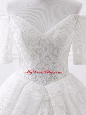 Custom Designed White Organza and Lace Lace Up Bridal Gown Half Sleeves Brush Train Lace and Appliques