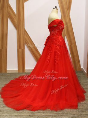 Coral Red Tulle Lace Up Evening Dress Sleeveless Brush Train Lace and Appliques