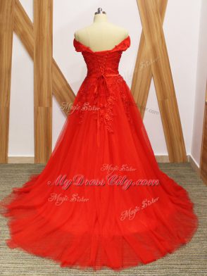 Coral Red Tulle Lace Up Evening Dress Sleeveless Brush Train Lace and Appliques