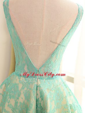 Colorful Turquoise Scoop Neckline Lace and Appliques Prom Evening Gown Sleeveless Backless