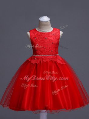 Red Zipper Little Girls Pageant Gowns Lace Sleeveless Knee Length