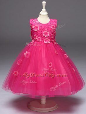 Popular Scoop Sleeveless Zipper Little Girl Pageant Dress Hot Pink Tulle