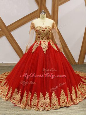 Scoop Long Sleeves Quinceanera Gown Court Train Beading and Appliques Wine Red Tulle