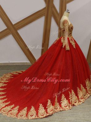 Scoop Long Sleeves Quinceanera Gown Court Train Beading and Appliques Wine Red Tulle