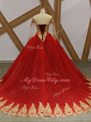 Scoop Long Sleeves Quinceanera Gown Court Train Beading and Appliques Wine Red Tulle