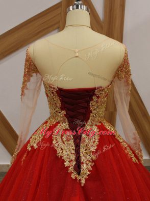 Scoop Long Sleeves Quinceanera Gown Court Train Beading and Appliques Wine Red Tulle