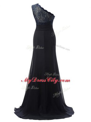 Black Column/Sheath Chiffon One Shoulder Sleeveless Lace Side Zipper Dama Dress Brush Train