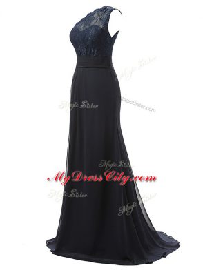 Black Column/Sheath Chiffon One Shoulder Sleeveless Lace Side Zipper Dama Dress Brush Train