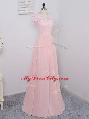 Lovely Lace Court Dresses for Sweet 16 Baby Pink Zipper Cap Sleeves Floor Length