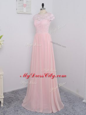 Lovely Lace Court Dresses for Sweet 16 Baby Pink Zipper Cap Sleeves Floor Length