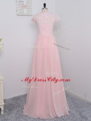 Lovely Lace Court Dresses for Sweet 16 Baby Pink Zipper Cap Sleeves Floor Length