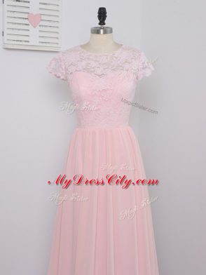 Lovely Lace Court Dresses for Sweet 16 Baby Pink Zipper Cap Sleeves Floor Length