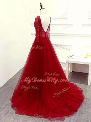 Custom Fit Long Sleeves Beading and Lace and Belt Zipper Celebrity Style Dress with Wine Red Brush Train