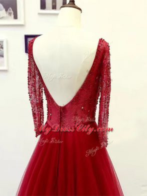 Custom Fit Long Sleeves Beading and Lace and Belt Zipper Celebrity Style Dress with Wine Red Brush Train