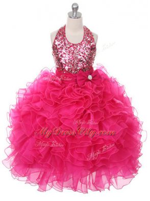 Classical Hot Pink Girls Pageant Dresses Wedding Party with Ruffles and Sequins and Bowknot Scoop Sleeveless Lace Up