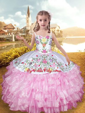 Sweet Rose Pink Little Girl Pageant Gowns Party and Wedding Party with Embroidery and Ruffled Layers Straps Sleeveless Lace Up