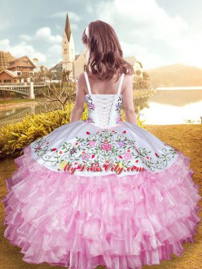 Sweet Rose Pink Little Girl Pageant Gowns Party and Wedding Party with Embroidery and Ruffled Layers Straps Sleeveless Lace Up