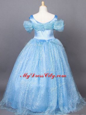 Light Blue A-line Appliques Little Girl Pageant Dress Side Zipper Tulle Short Sleeves Floor Length