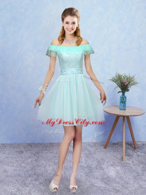 Affordable Mini Length Aqua Blue Vestidos de Damas Tulle Cap Sleeves Lace